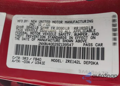 2009 Toyota Corolla Le z USA, uszkodzony, nr VIN 1NXBU40E29Z139547